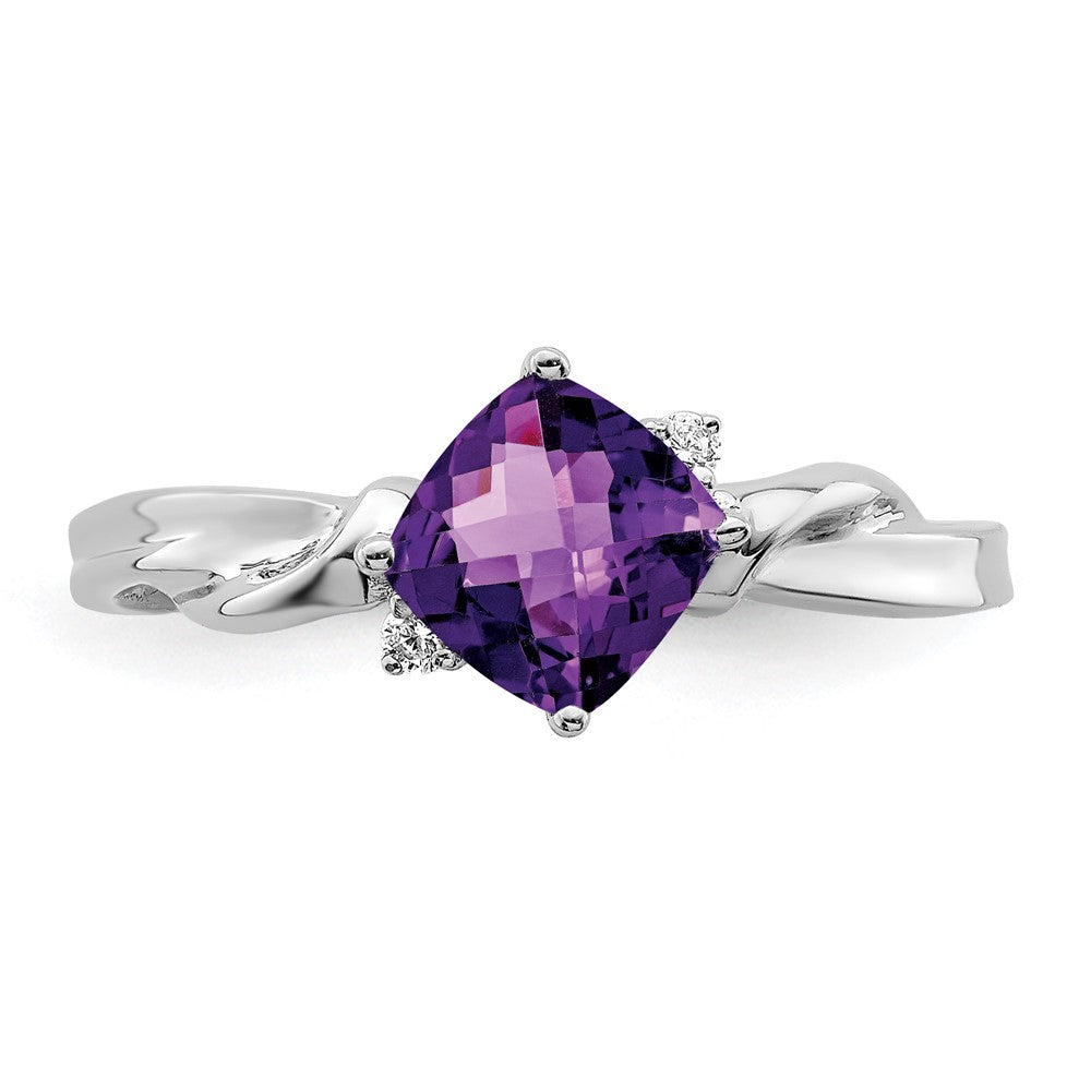 14k White Gold Cushion Amethyst and Real Diamond Ring