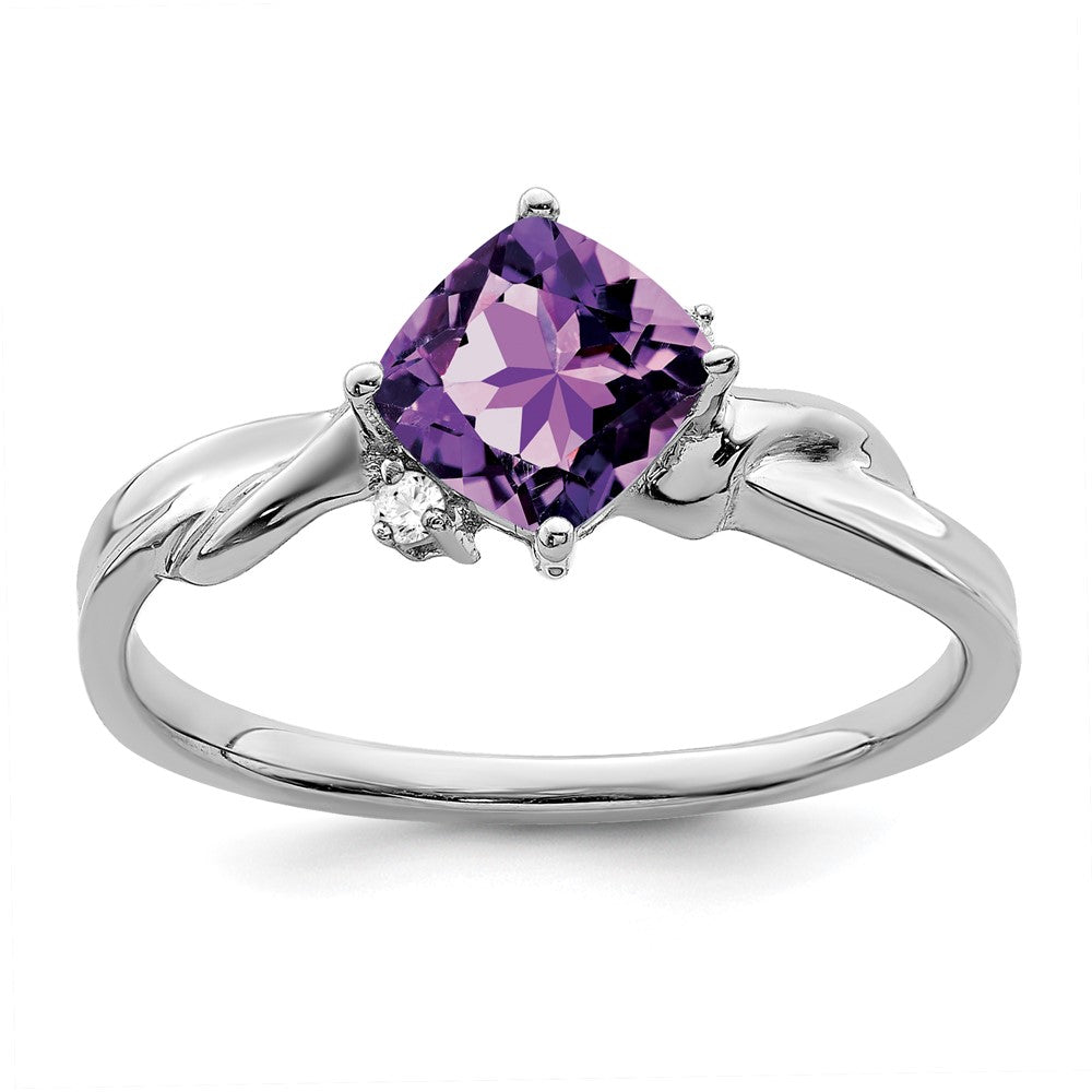 Solid 14k White Gold Cushion Simulated Amethyst and CZ Ring