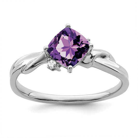 14k White Gold Cushion Amethyst and Real Diamond Ring