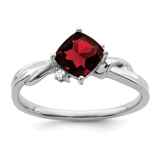 14k White Gold Cushion Garnet and Real Diamond Ring