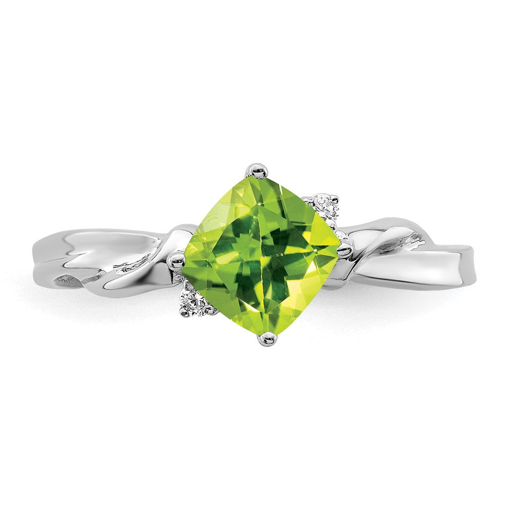 14k White Gold Cushion Peridot and Real Diamond Ring