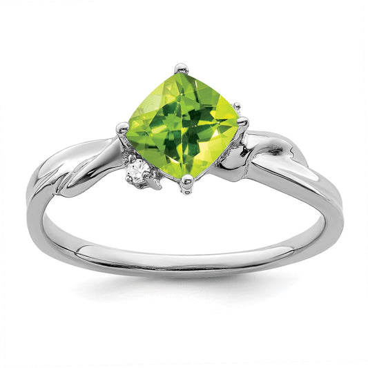 Solid 14k White Gold Cushion Simulated Peridot and CZ Ring