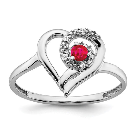 14k White Gold Ruby and Real Diamond Heart Ring