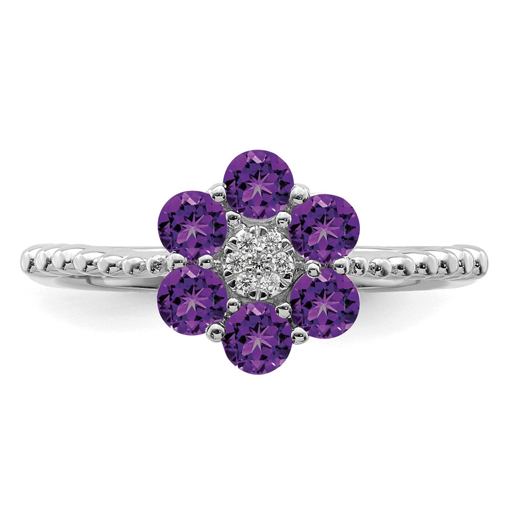 14k White Gold Amethyst and Real Diamond Floral Ring