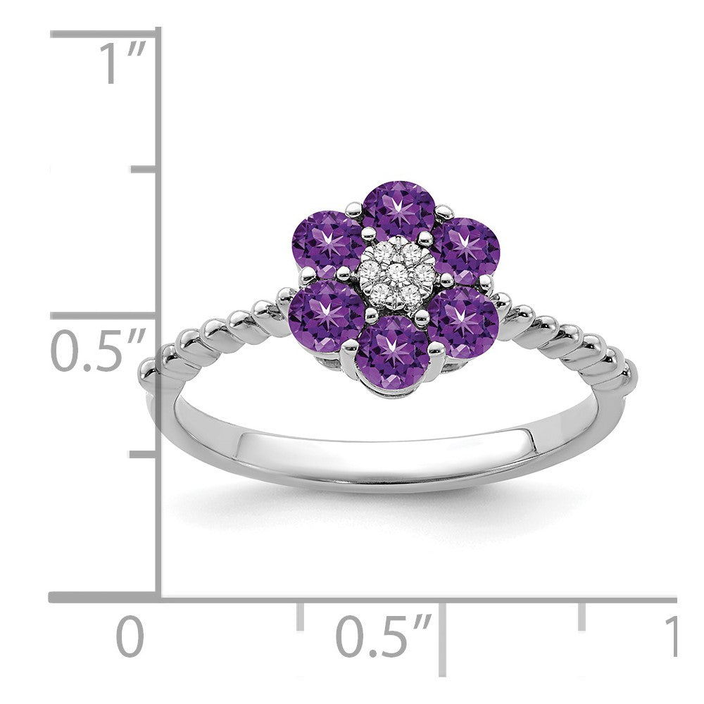 Solid 14k White Gold Simulated Amethyst and CZ Floral Ring