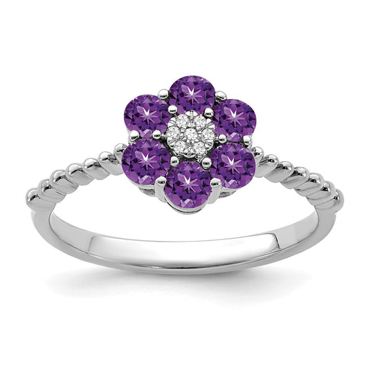 Solid 14k White Gold Simulated Amethyst and CZ Floral Ring