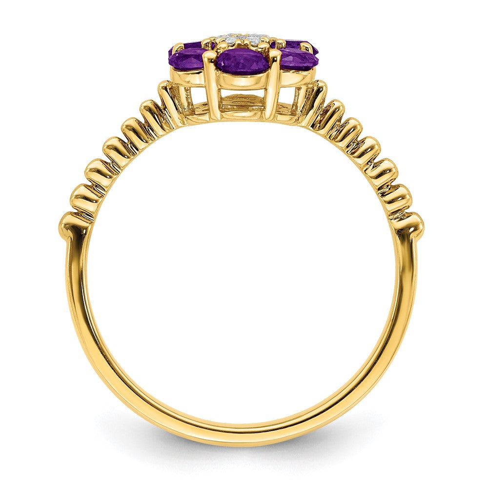 Solid 14k Yellow Gold Simulated Amethyst and CZ Floral Ring