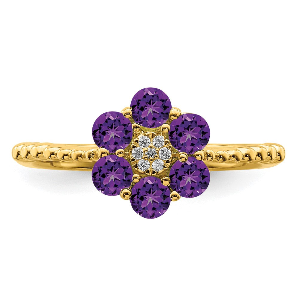 Solid 14k Yellow Gold Simulated Amethyst and CZ Floral Ring