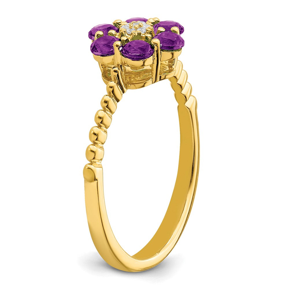 Solid 14k Yellow Gold Simulated Amethyst and CZ Floral Ring