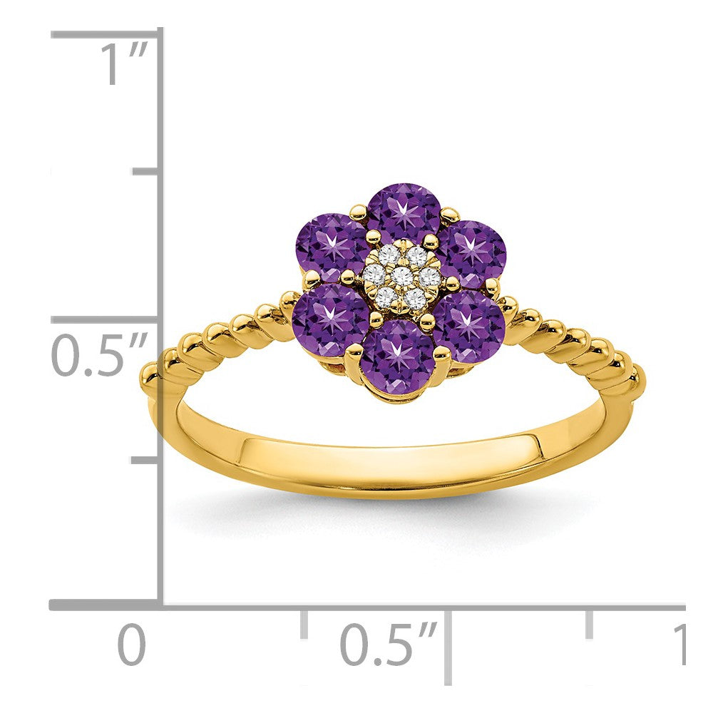 Solid 14k Yellow Gold Simulated Amethyst and CZ Floral Ring