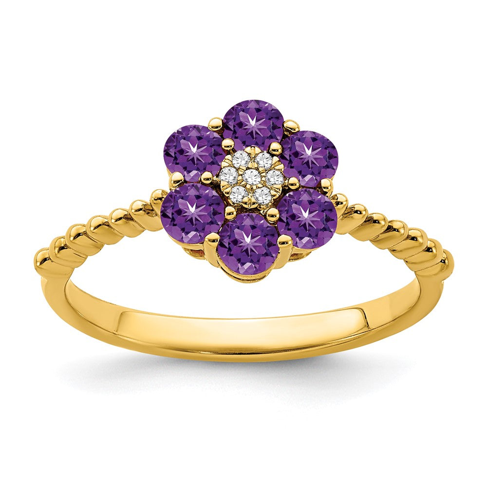 Solid 14k Yellow Gold Simulated Amethyst and CZ Floral Ring