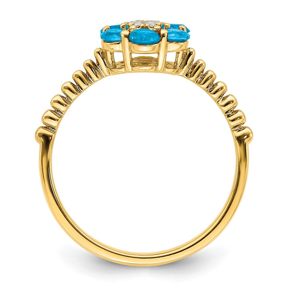 14K Yellow Gold Blue Topaz and Real Diamond Floral Ring