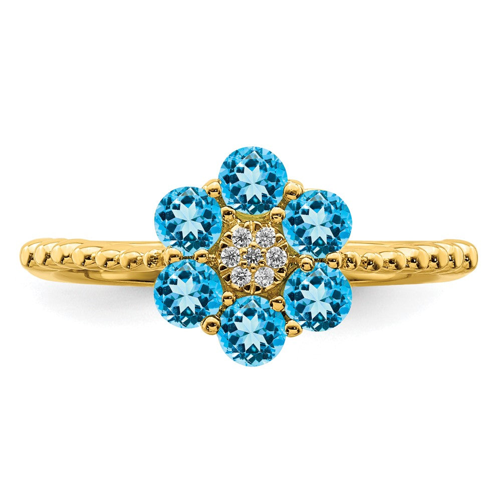 14K Yellow Gold Blue Topaz and Real Diamond Floral Ring