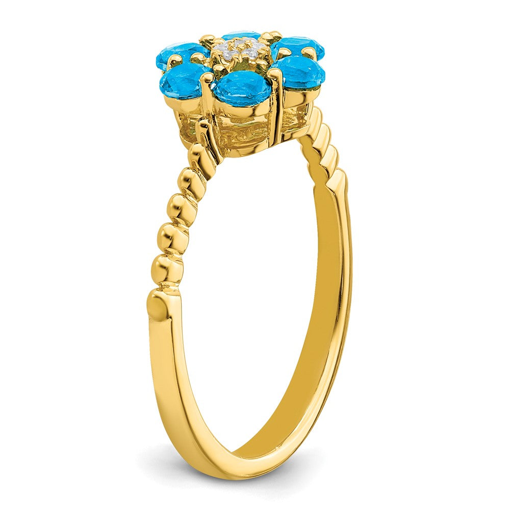 14K Yellow Gold Blue Topaz and Real Diamond Floral Ring