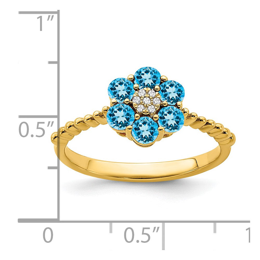 14K Yellow Gold Blue Topaz and Real Diamond Floral Ring