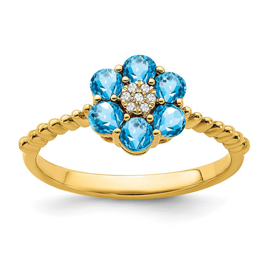 14K Yellow Gold Blue Topaz and Real Diamond Floral Ring