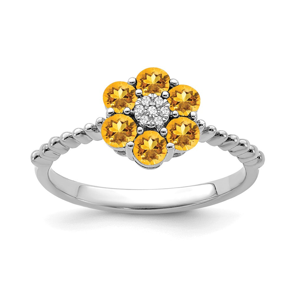 Solid 14k White Gold Simulated Citrine and CZ Floral Ring