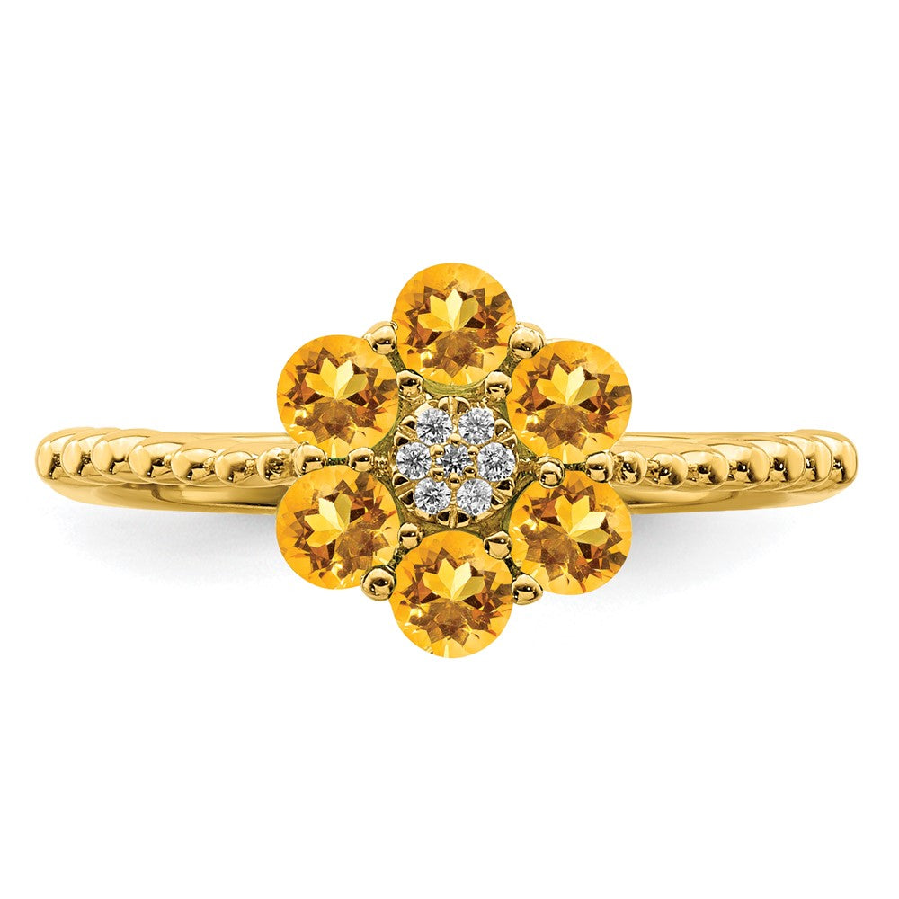 14K Yellow Gold Citrine and Real Diamond Floral Ring