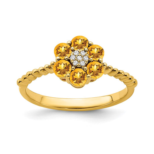 14K Yellow Gold Citrine and Real Diamond Floral Ring