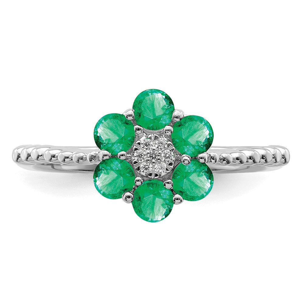 14k White Gold Emerald and Real Diamond Floral Ring