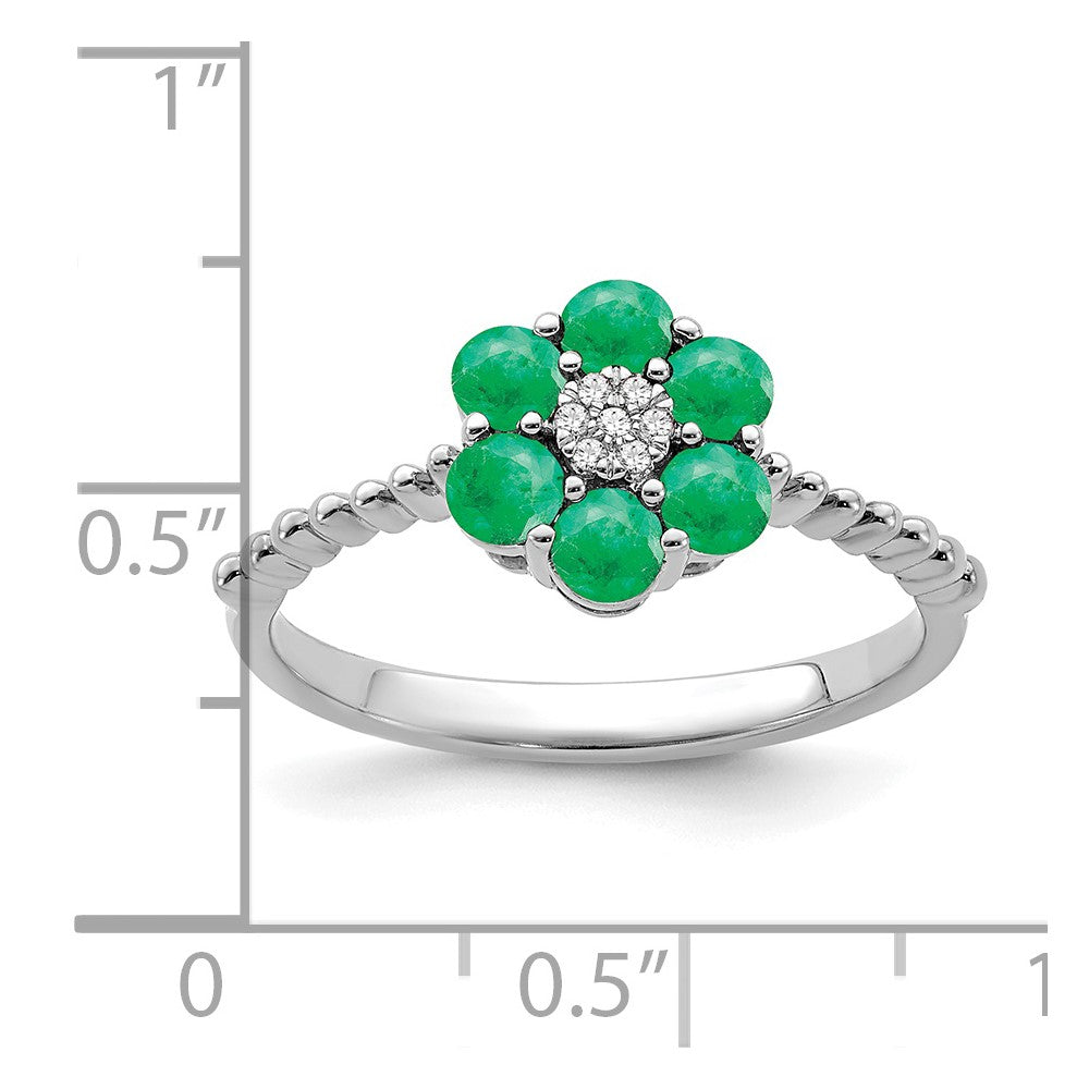 14k White Gold Emerald and Real Diamond Floral Ring