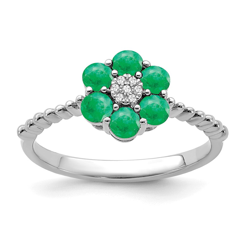 14k White Gold Emerald and Real Diamond Floral Ring