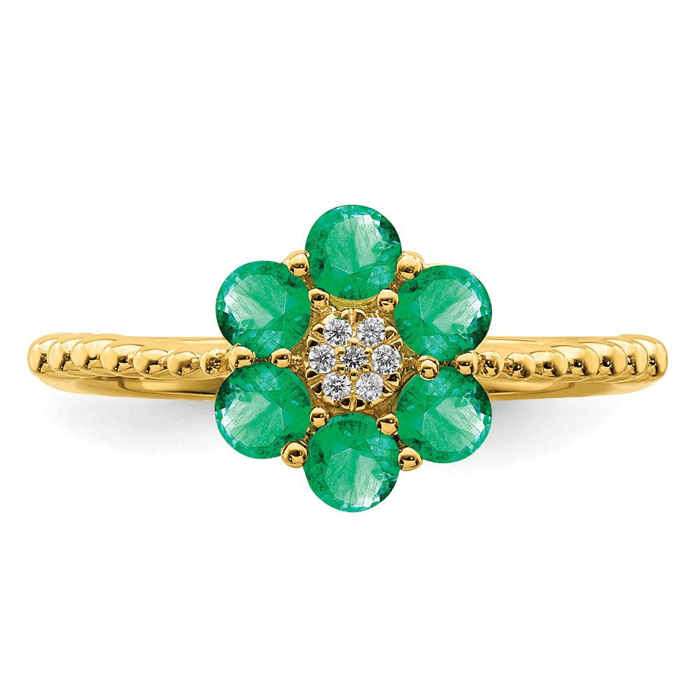 14K Yellow Gold Emerald and Real Diamond Floral Ring