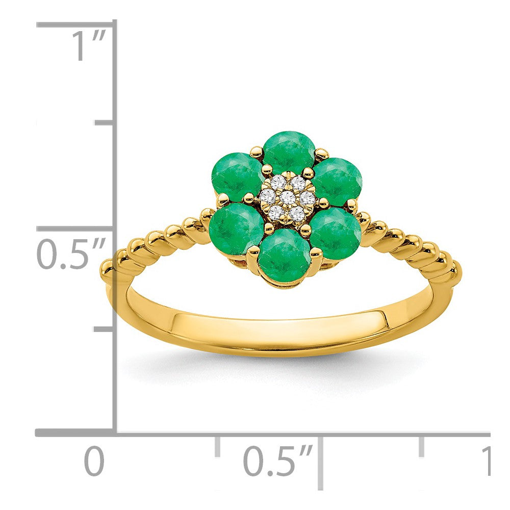 14K Yellow Gold Emerald and Real Diamond Floral Ring