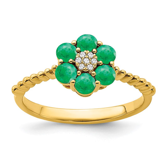 14K Yellow Gold Emerald and Real Diamond Floral Ring