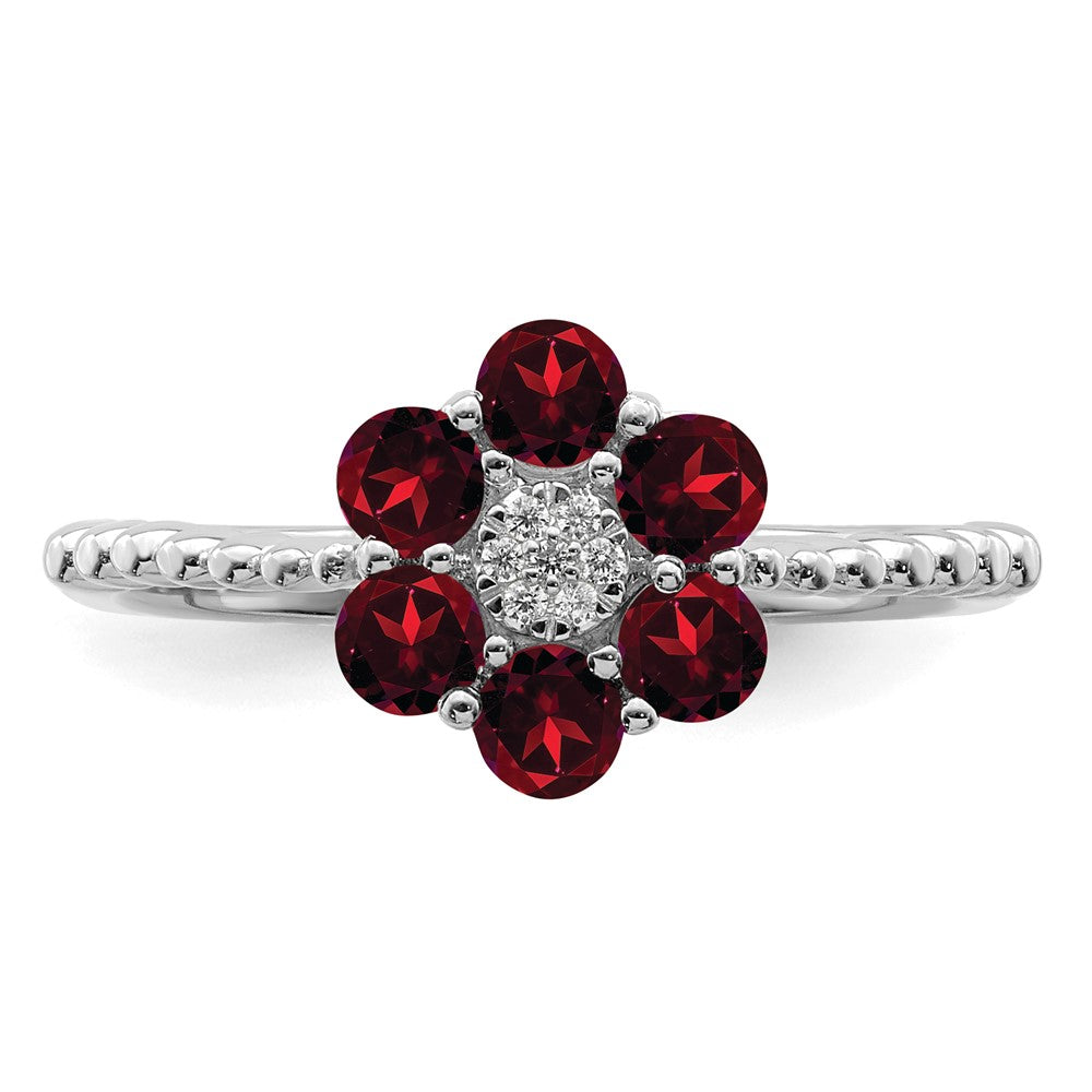 14k White Gold Garnet and Real Diamond Floral Ring