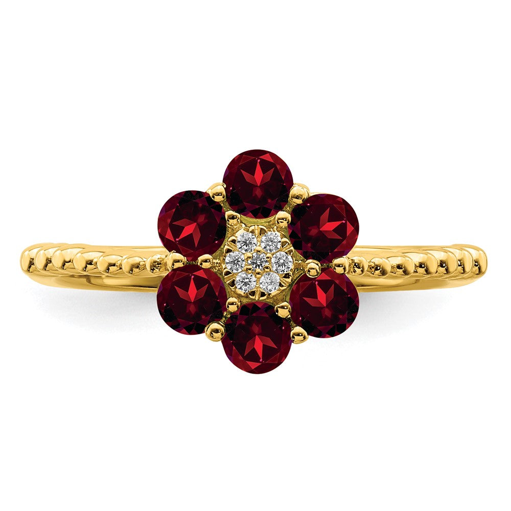 14K Yellow Gold Garnet and Real Diamond Floral Ring