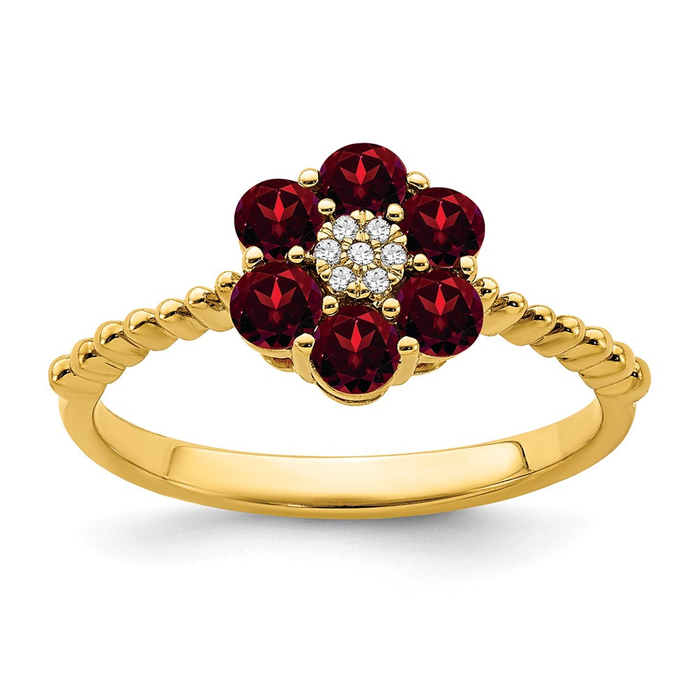 14K Yellow Gold Garnet and Real Diamond Floral Ring