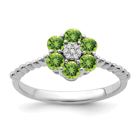 Solid 14k White Gold Simulated Peridot and CZ Floral Ring