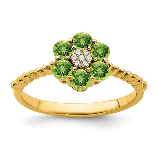 Solid 14k Yellow Gold Simulated Peridot and CZ Floral Ring