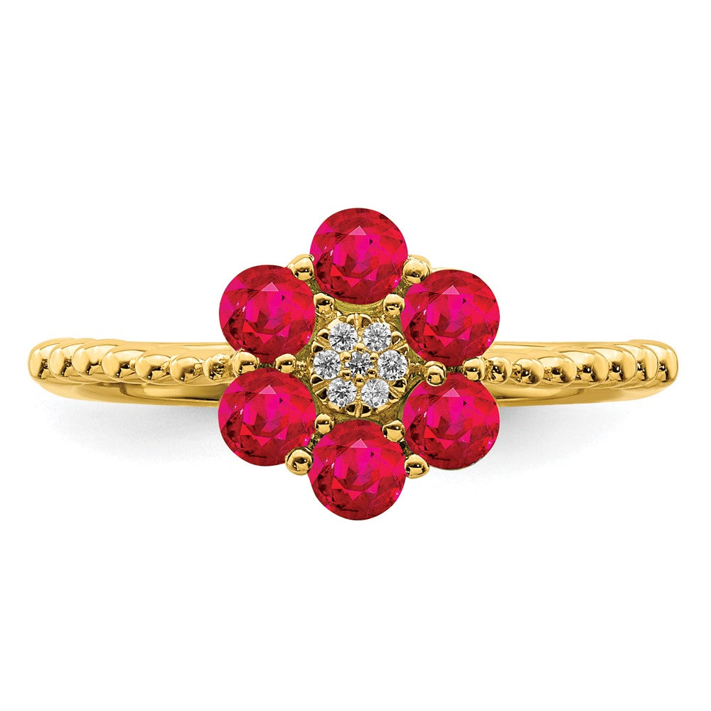 14K Yellow Gold Ruby and Real Diamond Floral Ring