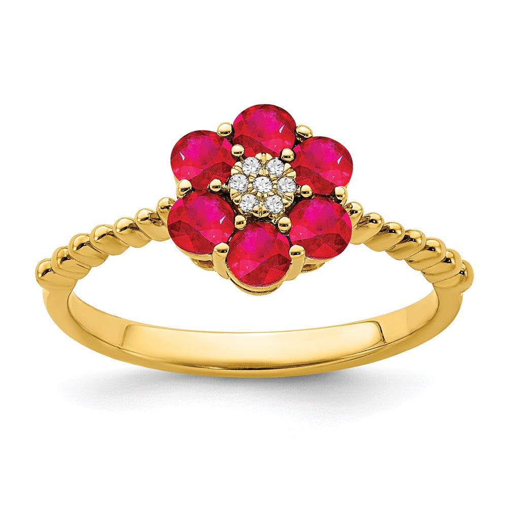 14K Yellow Gold Ruby and Real Diamond Floral Ring