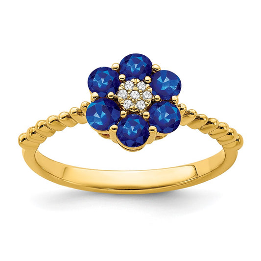 14K Yellow Gold Sapphire and Real Diamond Floral Ring