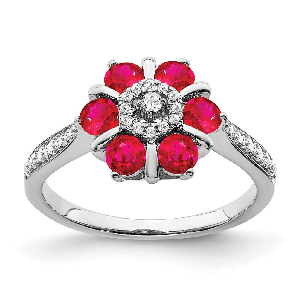 14k White Gold Ruby and Real Diamond Floral Ring