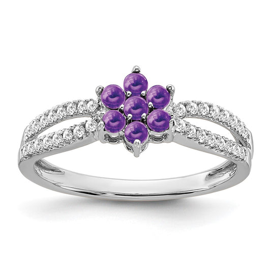 Solid 14k White Gold Simulated Amethyst and CZ Floral Ring