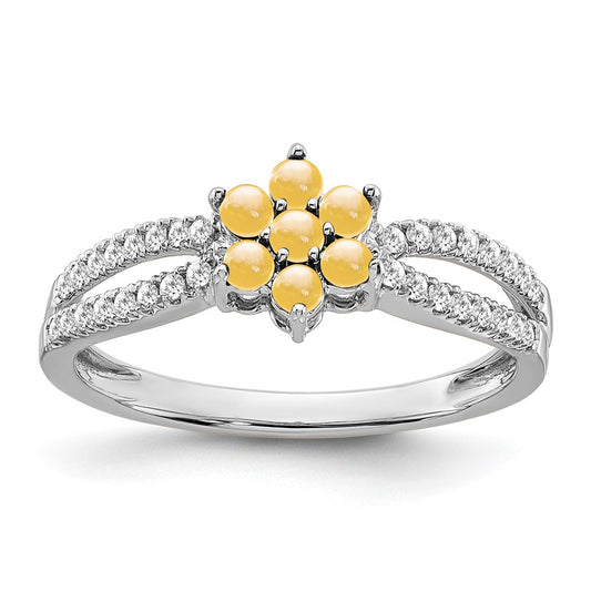 Solid 14k White Gold Simulated Citrine and CZ Floral Ring