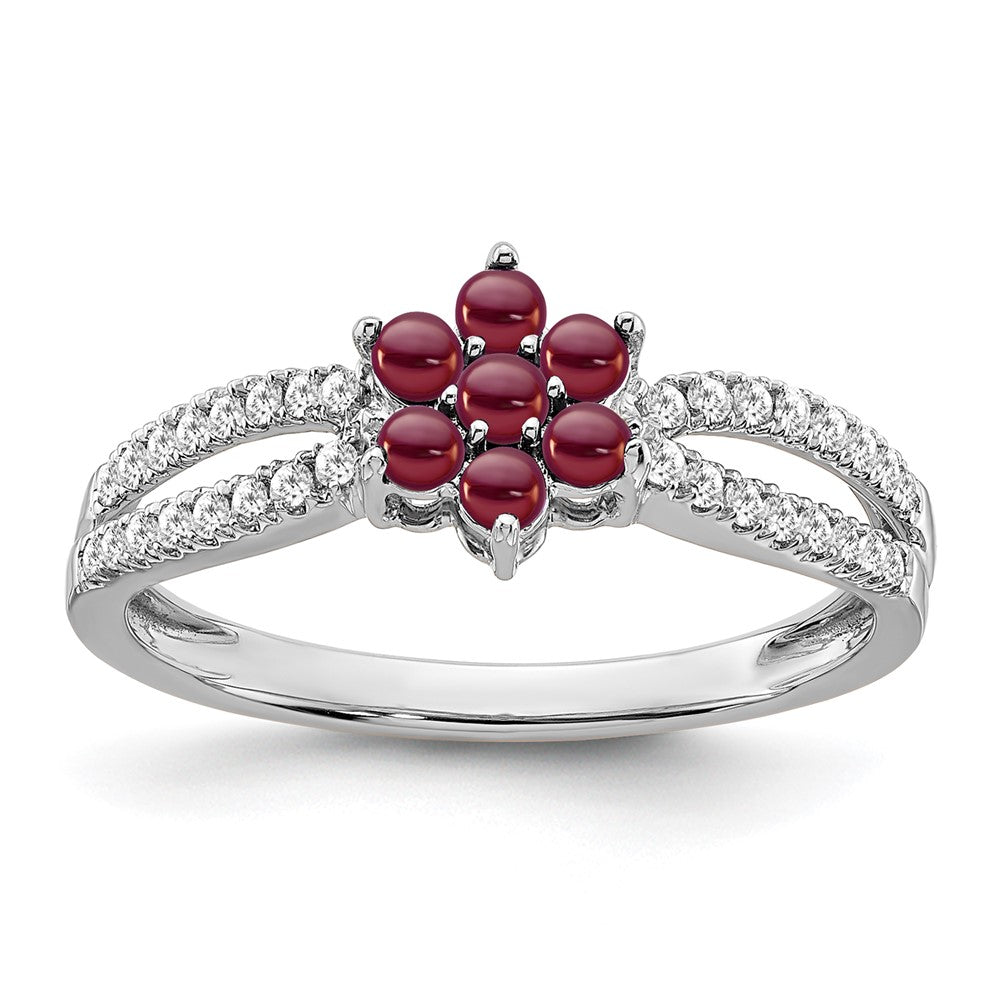 14k White Gold Garnet and Real Diamond Floral Ring