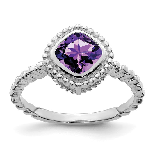 Solid 14k White Gold Cushion Simulated Amethyst Ring