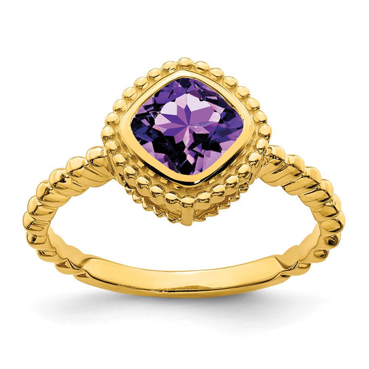 Solid 14k Yellow Gold Cushion Simulated Amethyst Ring