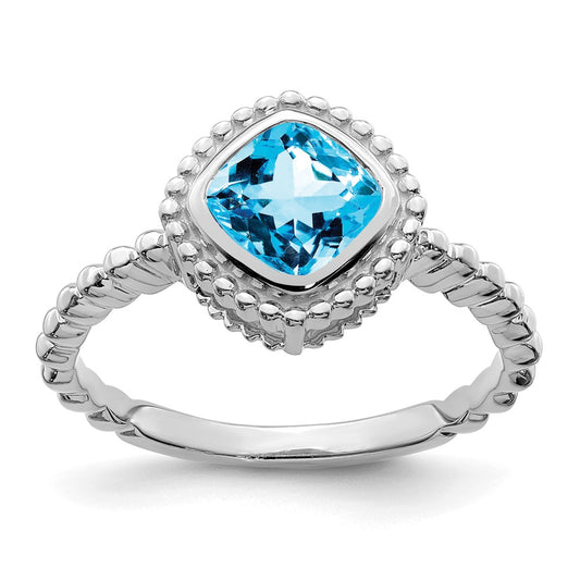 Solid 14k White Gold Cushion Simulated Blue Topaz Ring