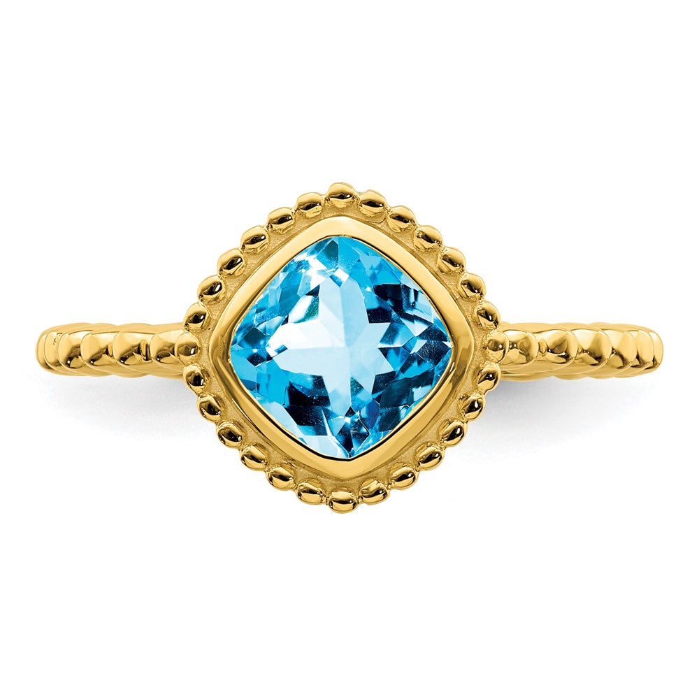 Solid 14k Yellow Gold Cushion Simulated Blue Topaz Ring