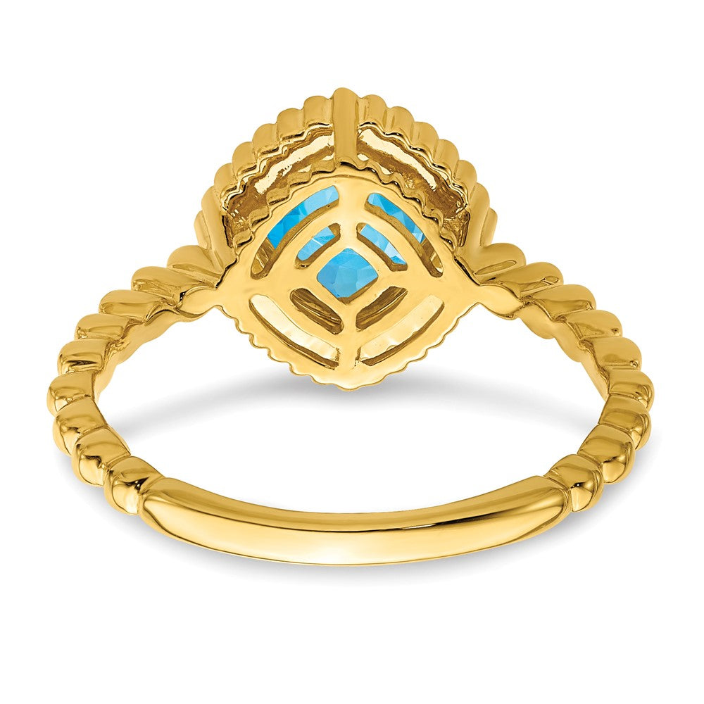 Solid 14k Yellow Gold Cushion Simulated Blue Topaz Ring