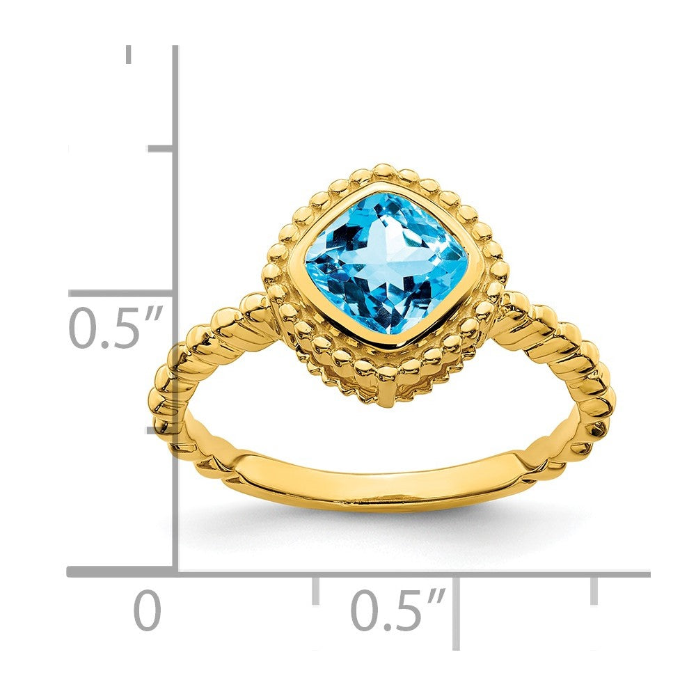 Solid 14k Yellow Gold Cushion Simulated Blue Topaz Ring