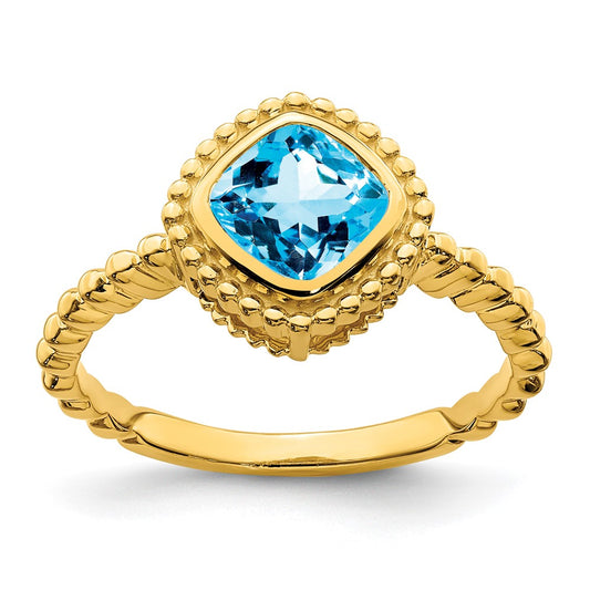 Solid 14k Yellow Gold Cushion Simulated Blue Topaz Ring