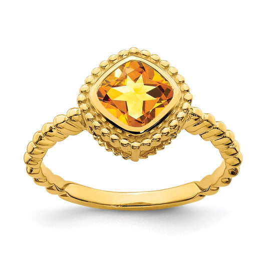 Solid 14k Yellow Gold Cushion Simulated Citrine Ring