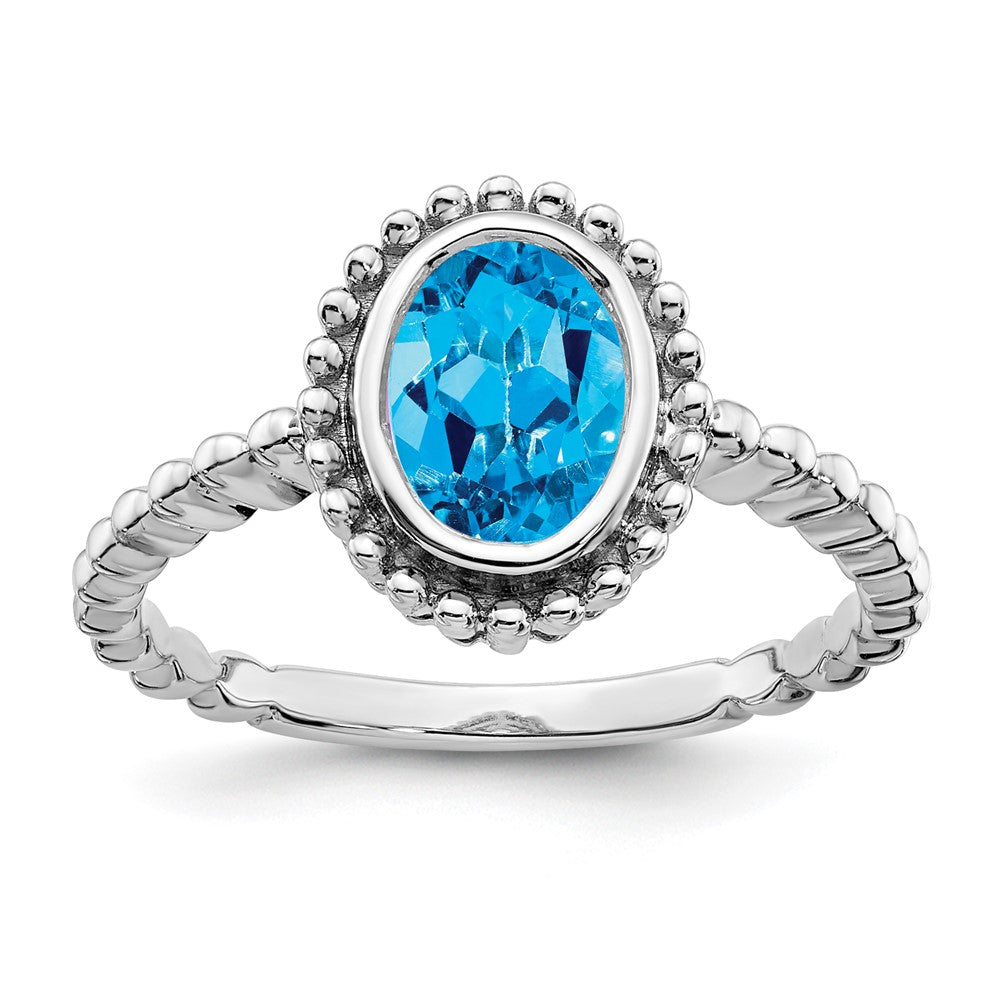 Solid 14k White Gold Oval Simulated Blue Topaz Ring